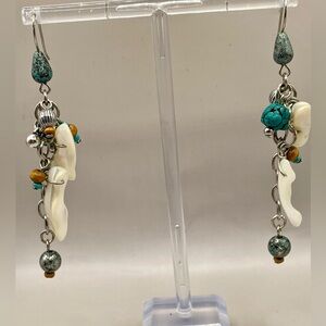Turquoise long boho cluster dangle earring mixed beads white, brown and silver.